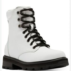 Sorel Lennox Lace Up STKD Waterproof Moto Combat Winter Boot White & Black 5 NEW